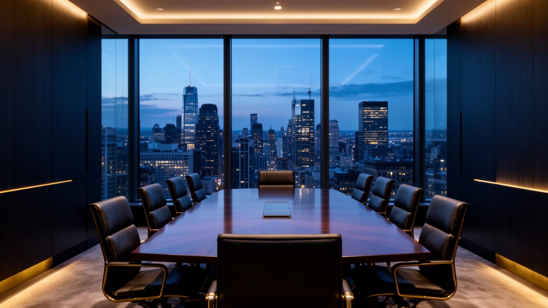 Executive boardroom overlooking a financial district